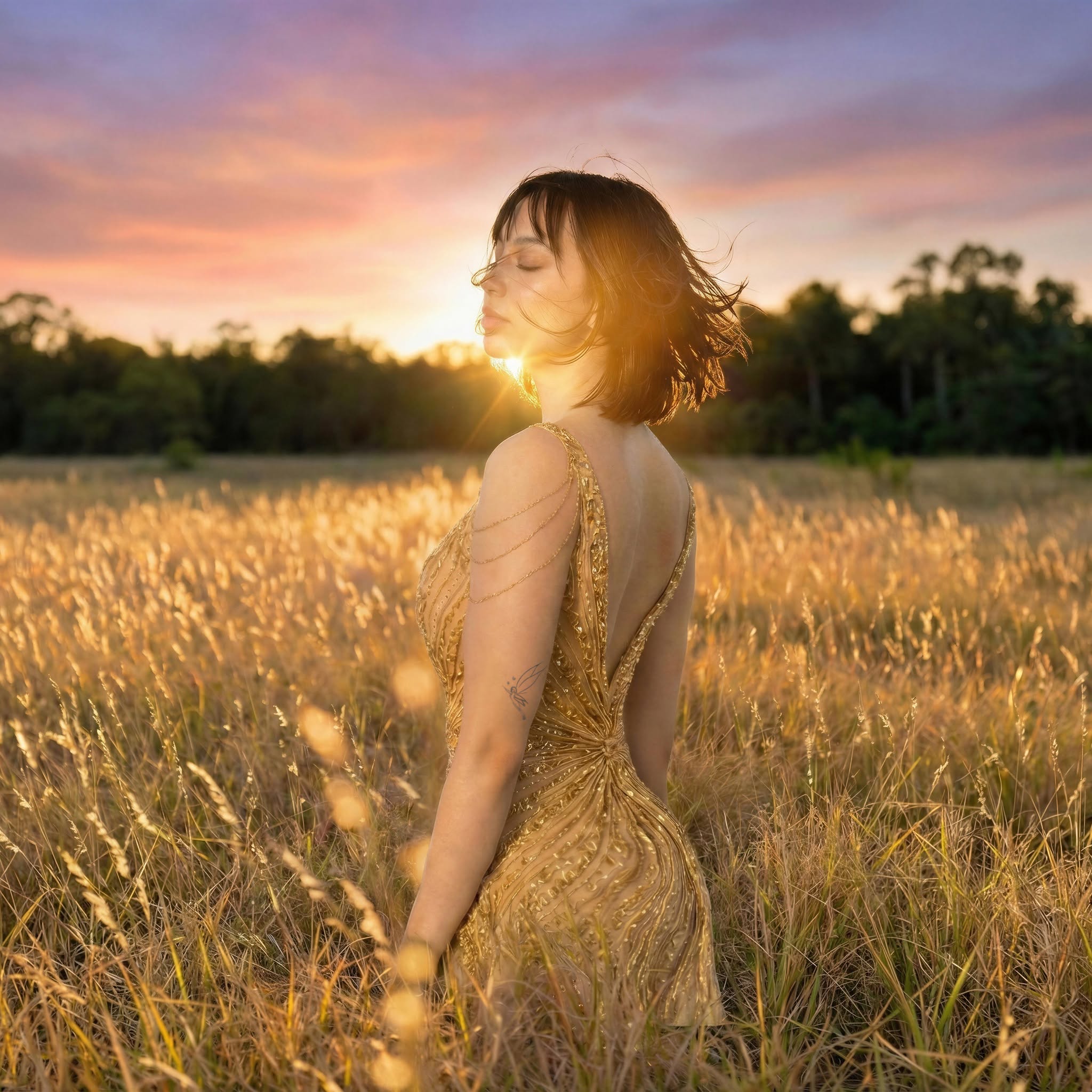 Alexa Sotelo en un campo al atardecer